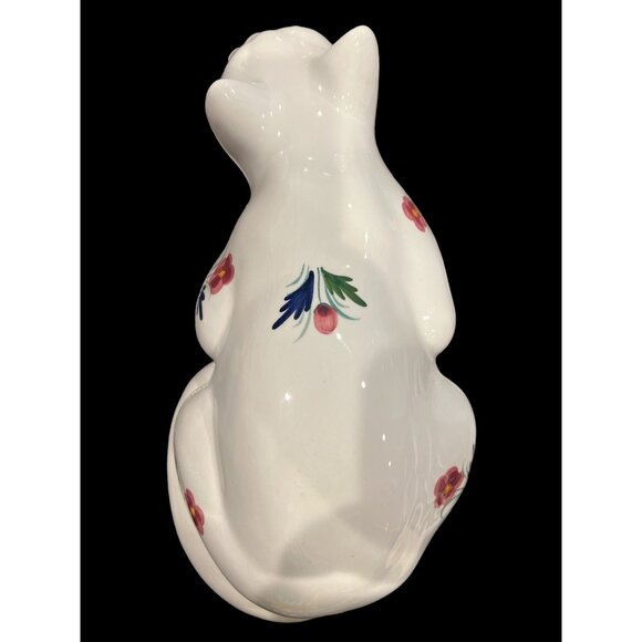 Vintage ELPA Alcobaca White Porcelain Cat With Painted Flowers & Blue Glass Eyes - Picture 5 of 9